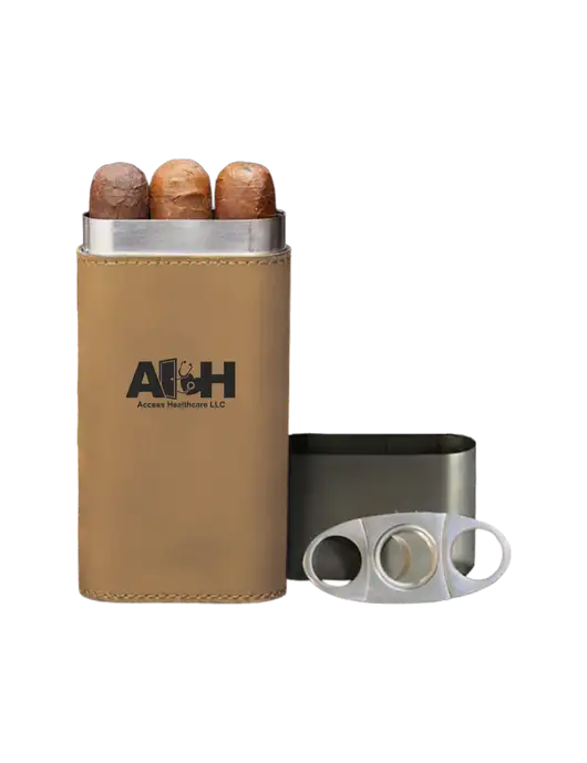 Tan Leatherette Cigar Case with Cutter w/Access Healthcare Logo